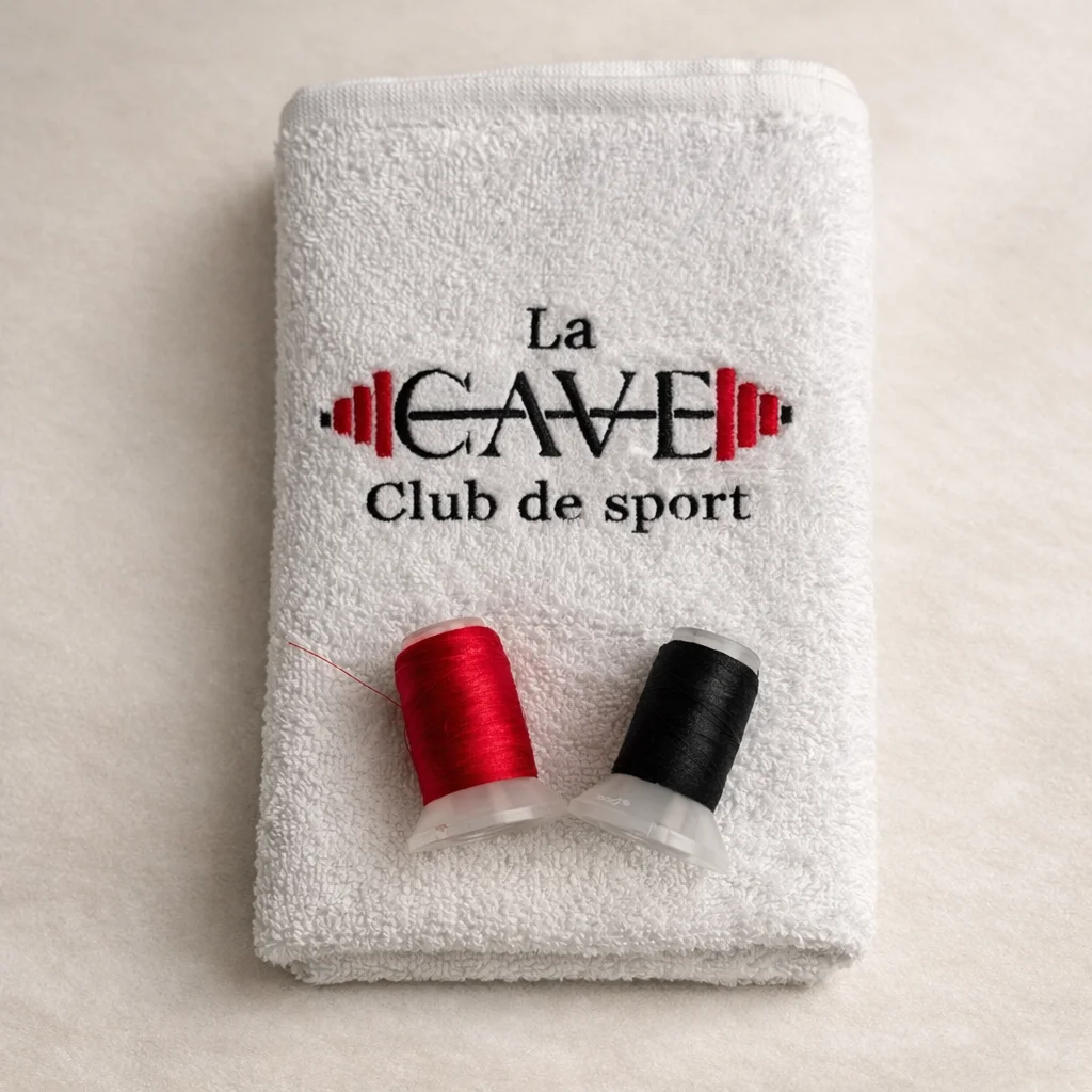 Broderie logo La Cave Club de sport sur serviette blanche