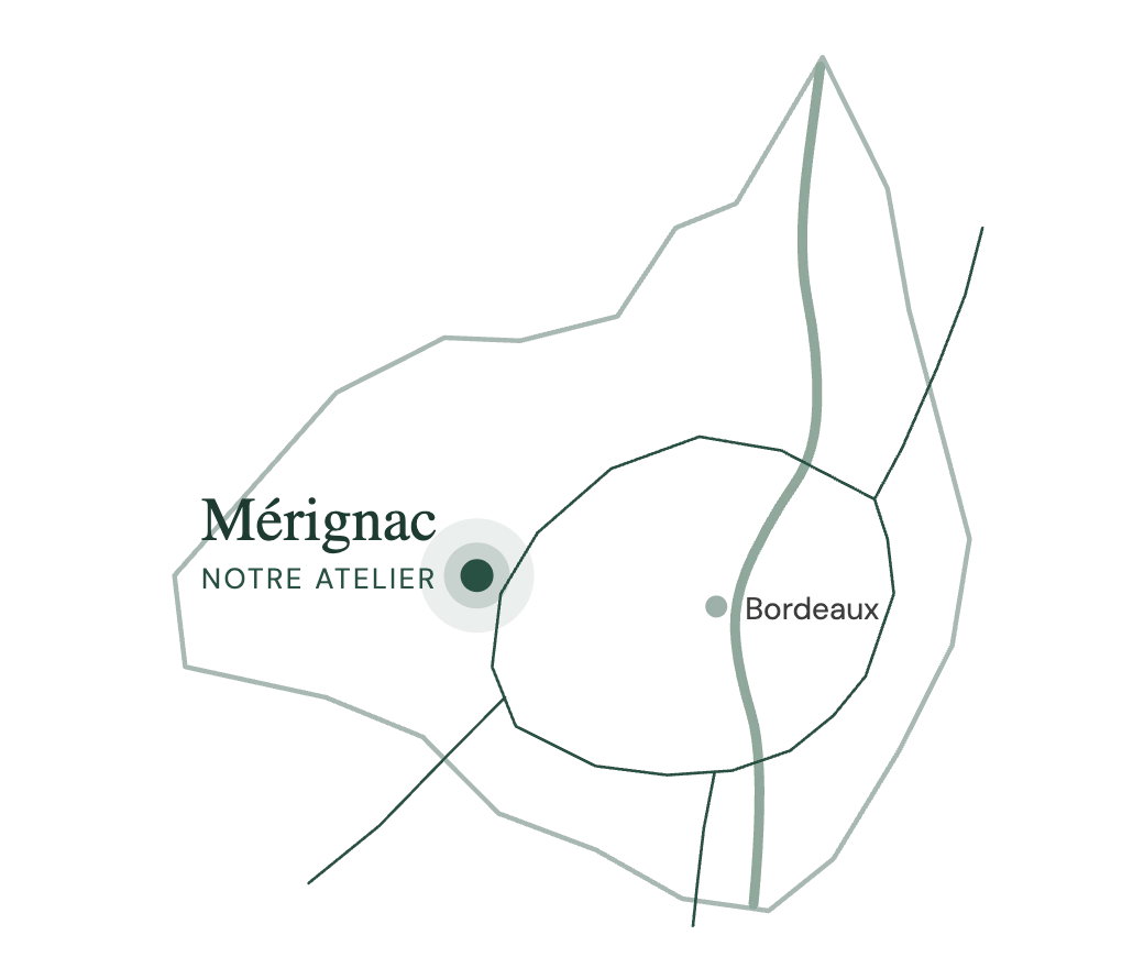 Carte de Bordeaux Métropole avec la Garonne, la rocade et les autoroutes : notre atelier est situé à Mérignac, à l'ouest de Bordeaux